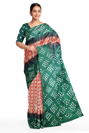 Modal silk saree in red in hand block ajrakh  print with bandini pallu & blouse in green