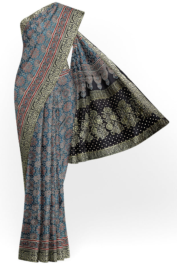 Modal silk saree in blue  in hand block ajrakh print