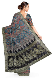 Modal silk saree in blue  in hand block ajrakh print