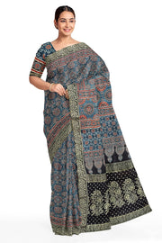 Modal silk saree in blue  in hand block ajrakh print