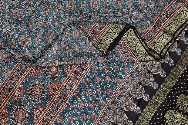 Modal silk saree in blue  in hand block ajrakh print