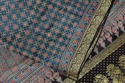 Modal silk saree in blue  in hand block ajrakh print in floral pattern