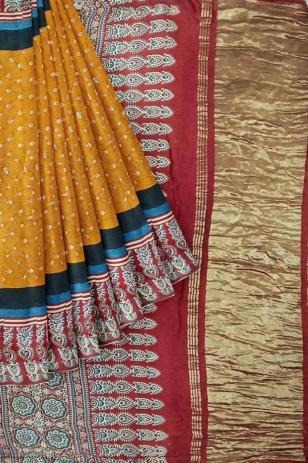 Modal silk bandini saree in mustard yellow  with tissue pallu