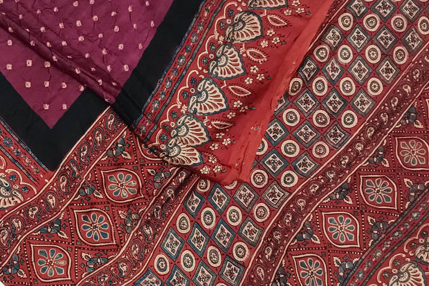 Modal silk bandini saree in burgundy  with hand block ajrakh print