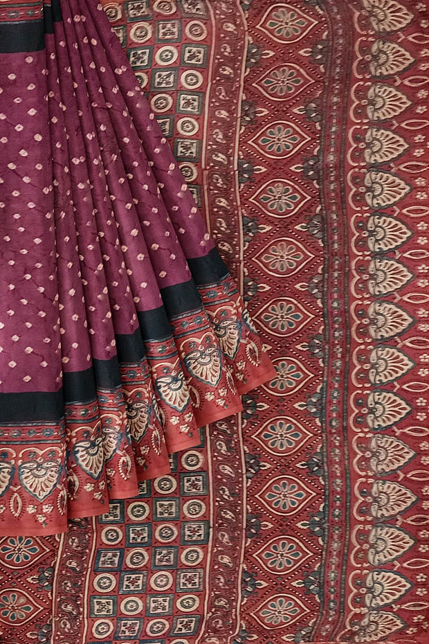 Modal silk bandini saree in burgundy  with hand block ajrakh print
