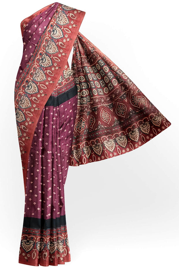 Modal silk bandini saree in burgundy  with hand block ajrakh print
