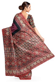 Modal silk bandini saree in burgundy  with hand block ajrakh print