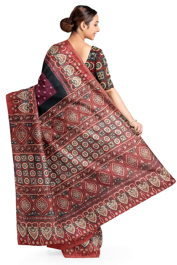 Modal silk bandini saree in burgundy  with hand block ajrakh print