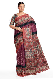 Modal silk bandini saree in burgundy  with hand block ajrakh print