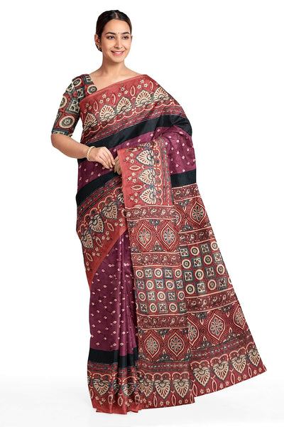 Modal silk bandini saree in burgundy  with hand block ajrakh print