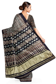 Modal silk saree in black with small motifs  in hand block ajrakh print