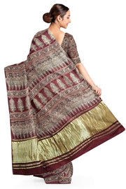 Modal silk saree in maroon with floral motifs  in hand block ajrakh print