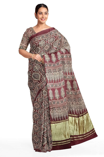Modal silk saree in maroon with floral motifs  in hand block ajrakh print