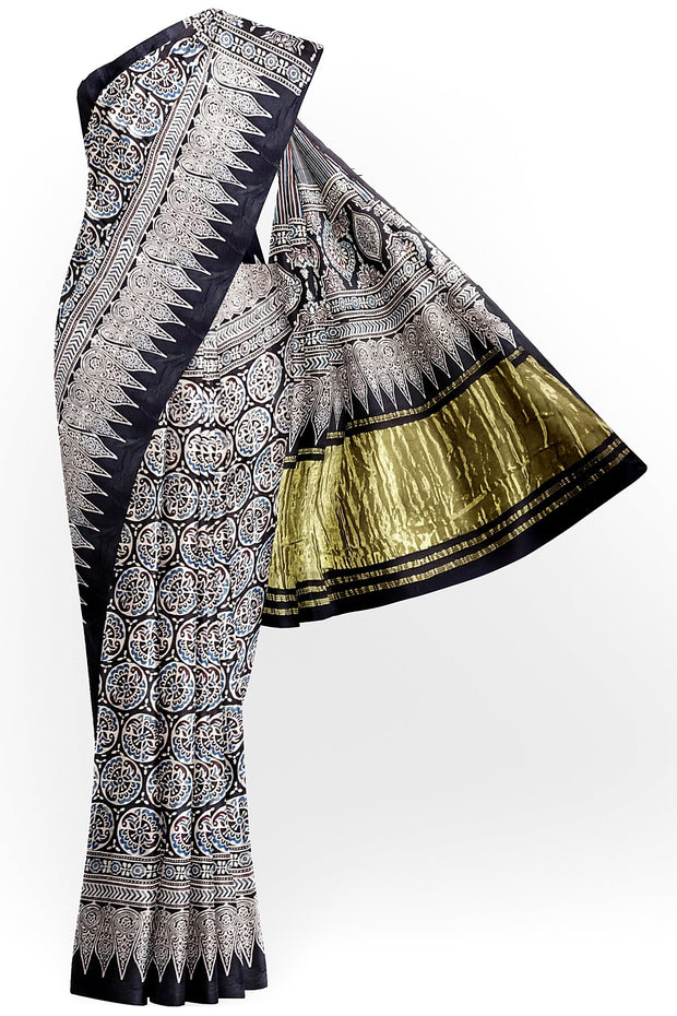 Modal silk saree in black with round motifs  in hand block ajrakh print