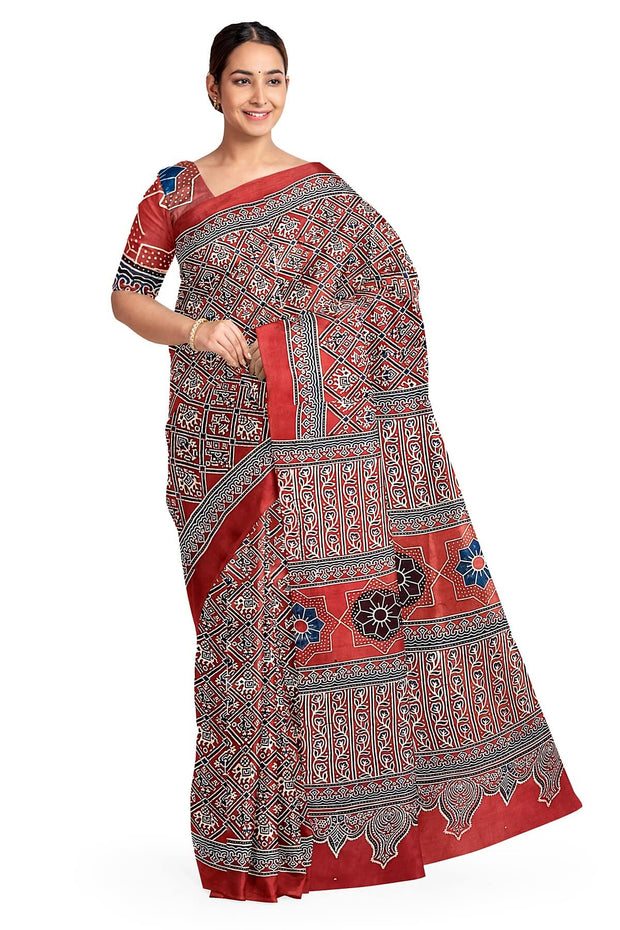 Modal silk saree in red with  narikunj pattern in hand block ajrakh print