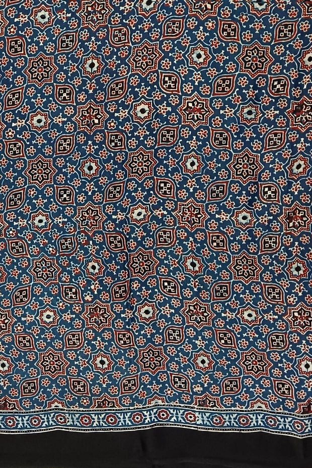 Modal silk saree in blue with star motifs in hand block ajrakh print