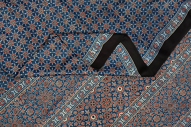 Modal silk saree in blue with star motifs in hand block ajrakh print