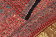 Modal silk saree in red with floral motifs  in hand block ajrakh print and a tissue pallu