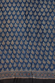 Modal silk saree in blue with floral motifs  in hand block ajrakh print and a tissue pallu