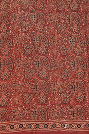 Modal silk saree  in red with  round motifs in hand block ajrakh print.