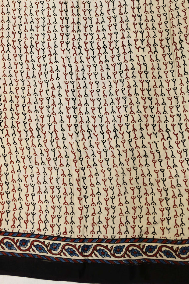 Modal silk saree in off white with plant motifs in hand block ajrakh print