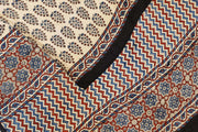 Modal silk saree in off white with plant motifs in hand block ajrakh print