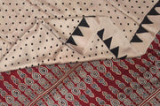 Modal silk saree in off white with small round motifs in hand block ajrakh print