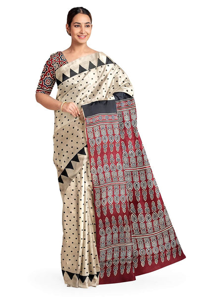 Modal silk saree in off white with small round motifs in hand block ajrakh print
