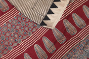 Modal silk saree  in cream with  stripes in hand block Ajrakh print.