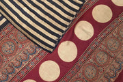 Modal silk saree in cream with stripes  and hand block print ajrakh pallu