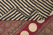 Modal silk saree in cream with stripes  and hand block print ajrakh pallu
