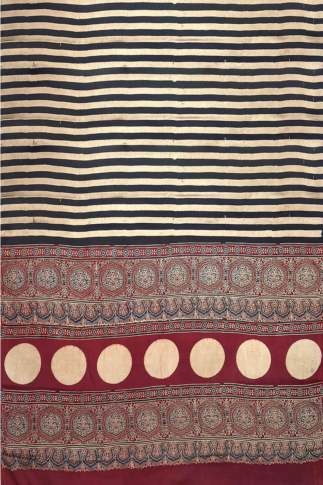 Modal silk saree in cream with stripes  and hand block print ajrakh pallu