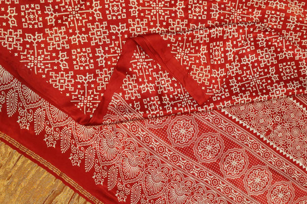 Modal silk saree in rangoli pattern in red with lagda patti (zari)  pallu