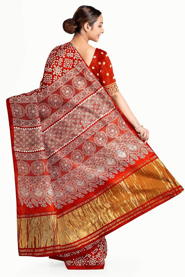 Modal silk saree in rangoli pattern in red with lagda patti (zari)  pallu
