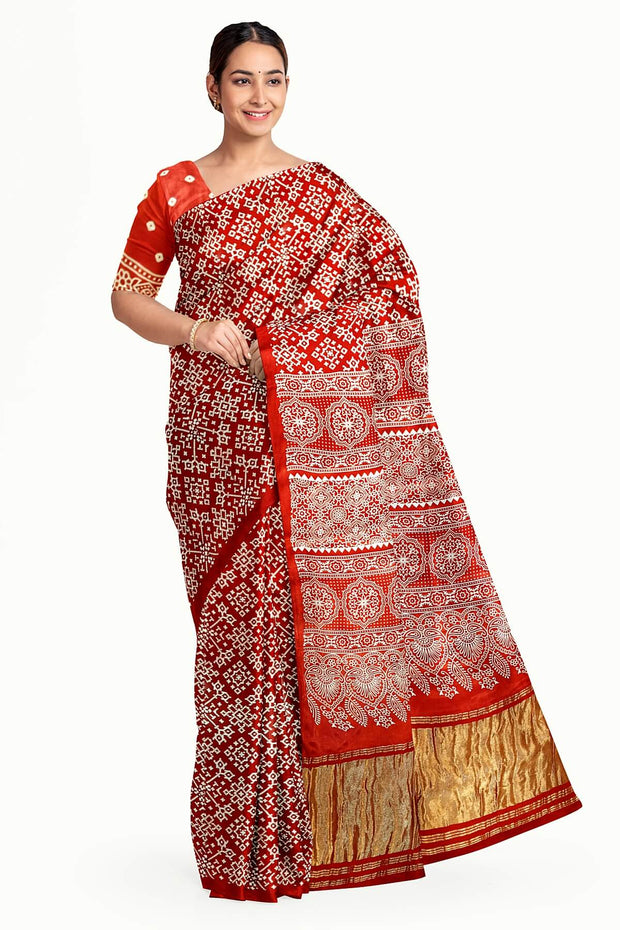 Modal silk saree in rangoli pattern in red with lagda patti (zari)  pallu