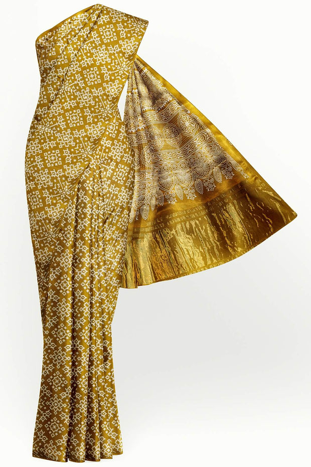 Modal silk saree in rangoli pattern in mustard with lagda patti (zari)  pallu