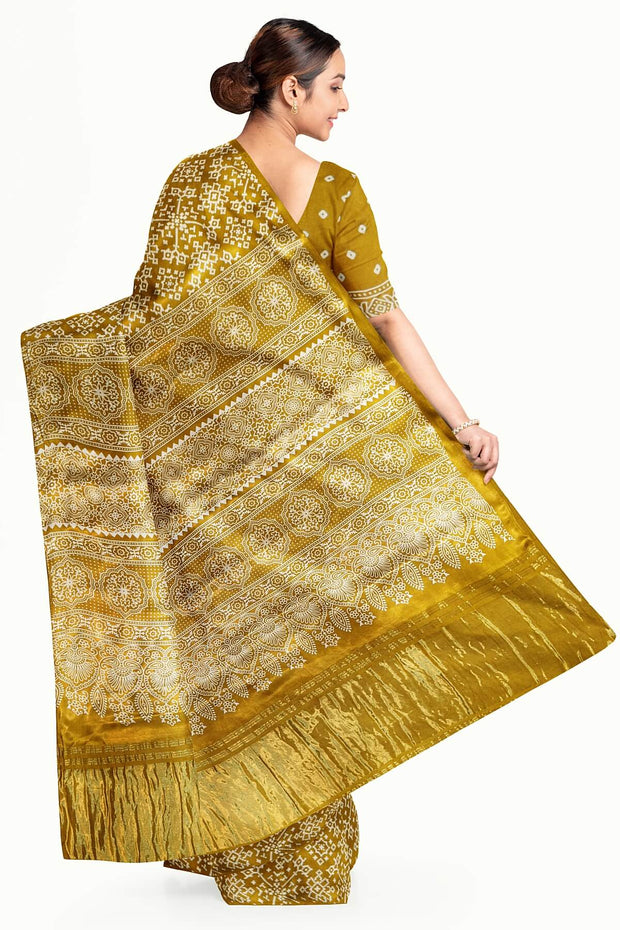 Modal silk saree in rangoli pattern in mustard with lagda patti (zari)  pallu