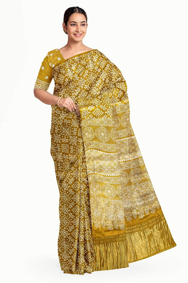 Modal silk saree in rangoli pattern in mustard with lagda patti (zari)  pallu