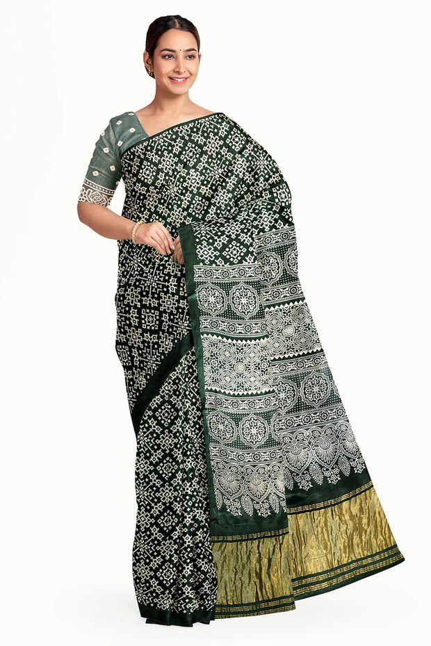 Modal silk saree in rangoli pattern in bottle green with lagda patti (zari)  pallu