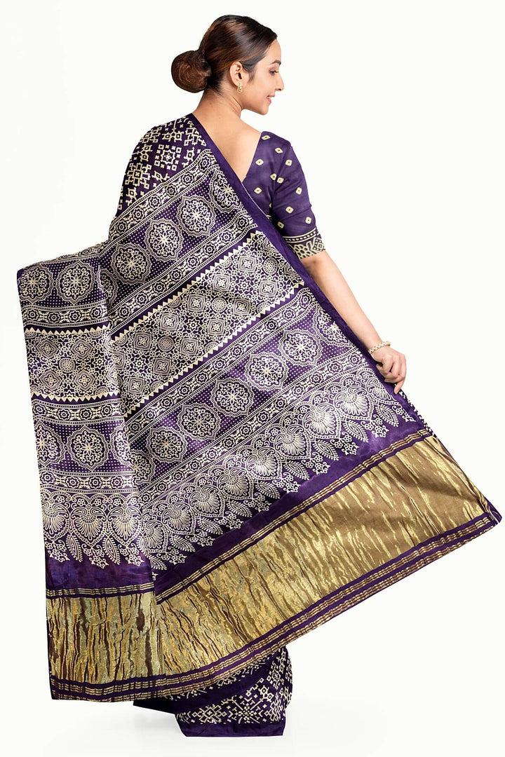 Modal silk saree in rangoli pattern in violet with lagda patti (zari)  pallu