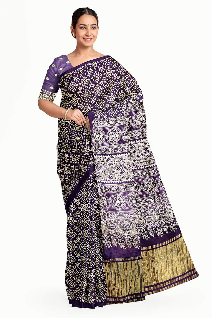 Modal silk saree in rangoli pattern in violet with lagda patti (zari)  pallu