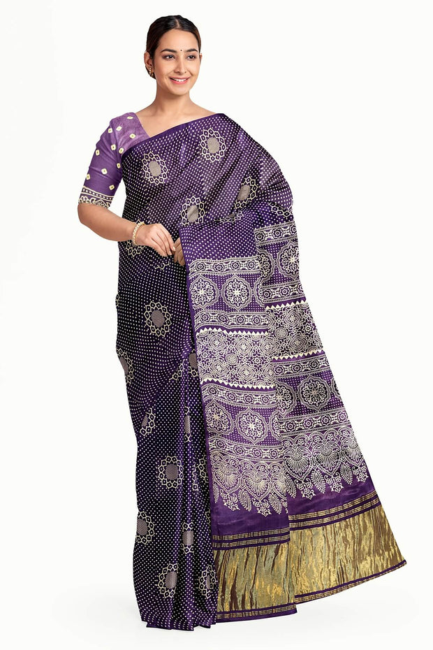 Modal silk saree in floral pattern in purple with lagda patti (zari)  pallu