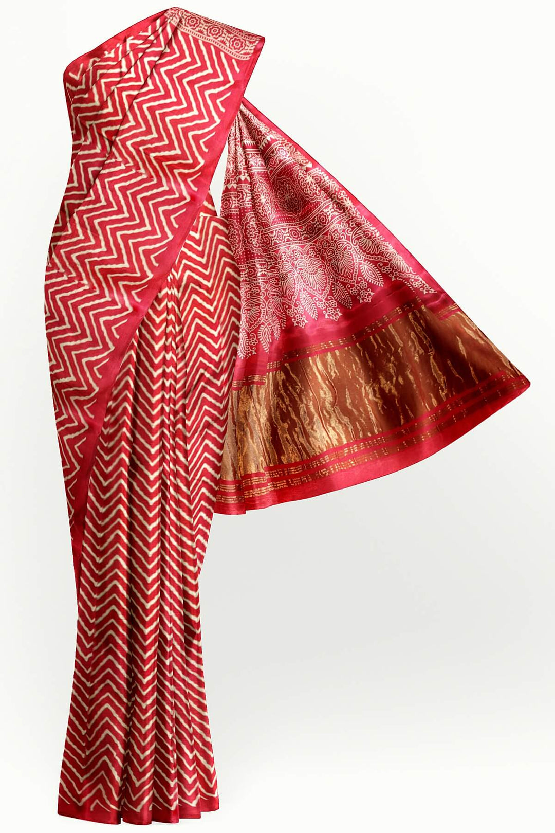 Modal silk saree in zig zag pattern in pink with lagda patti (zari)  pallu
