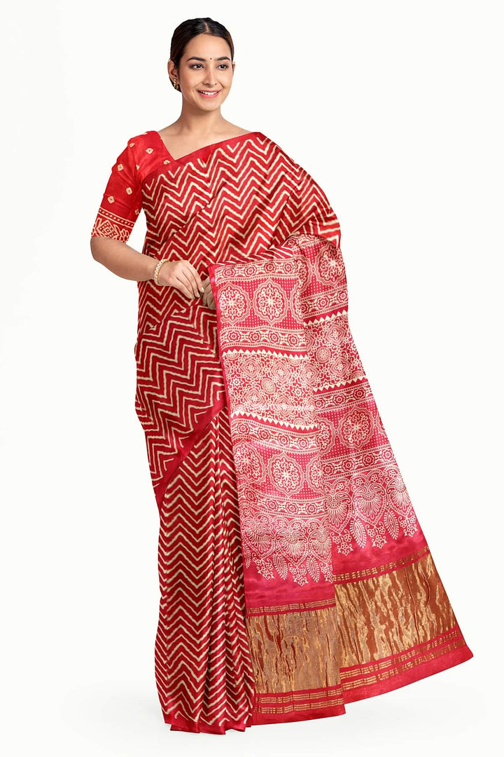 Modal silk saree in zig zag pattern in pink with lagda patti (zari)  pallu