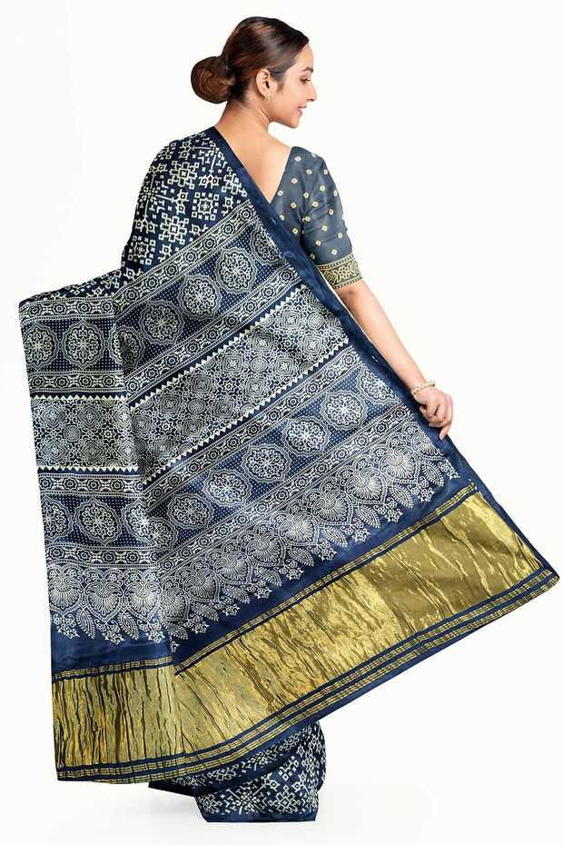 Modal silk saree in rangoli  pattern in cobalt blue with lagda patti (zari)  pallu