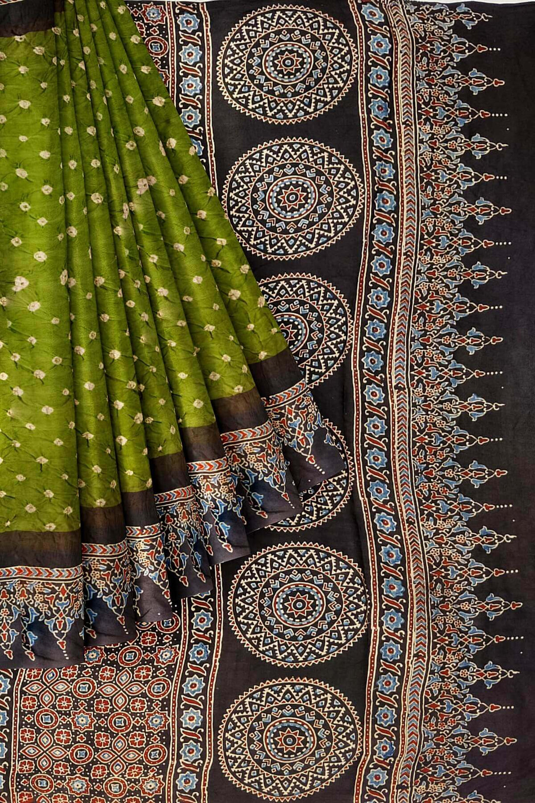 Modal silk bandhini saree in mehndi green
