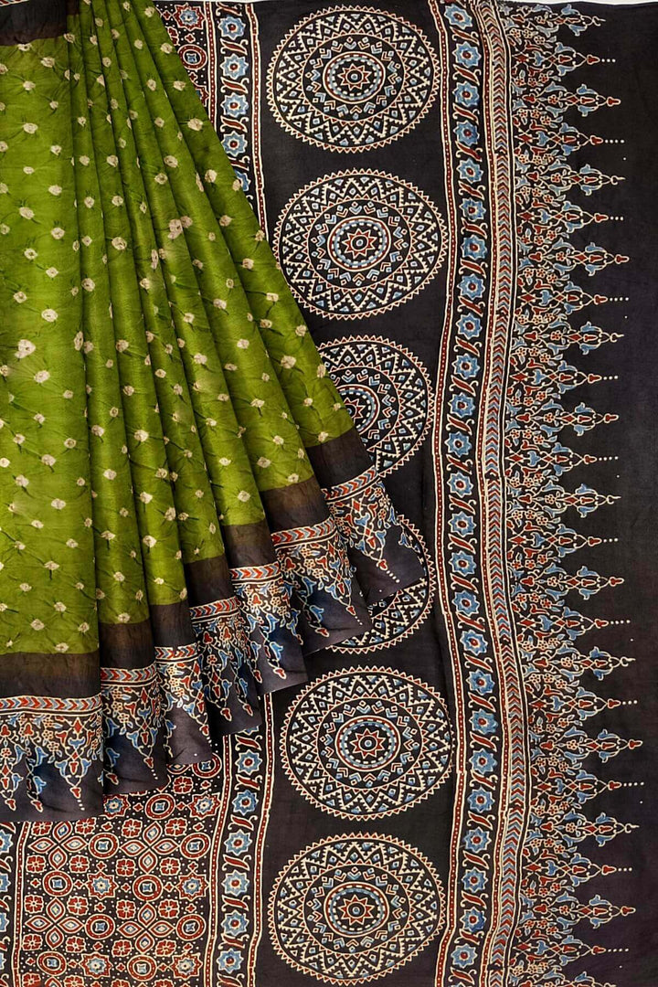 Modal silk bandhini saree in mehndi green