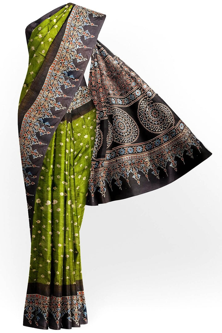 Modal silk bandhini saree in mehndi green