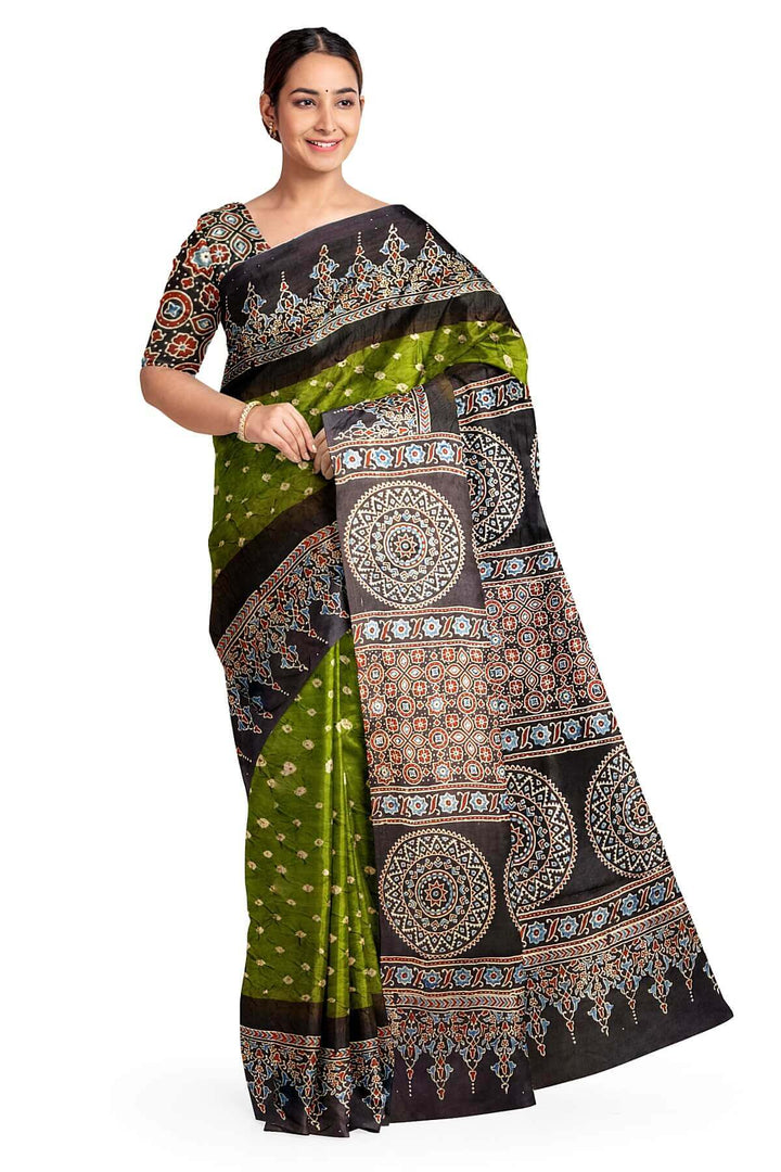 Modal silk bandhini saree in mehndi green