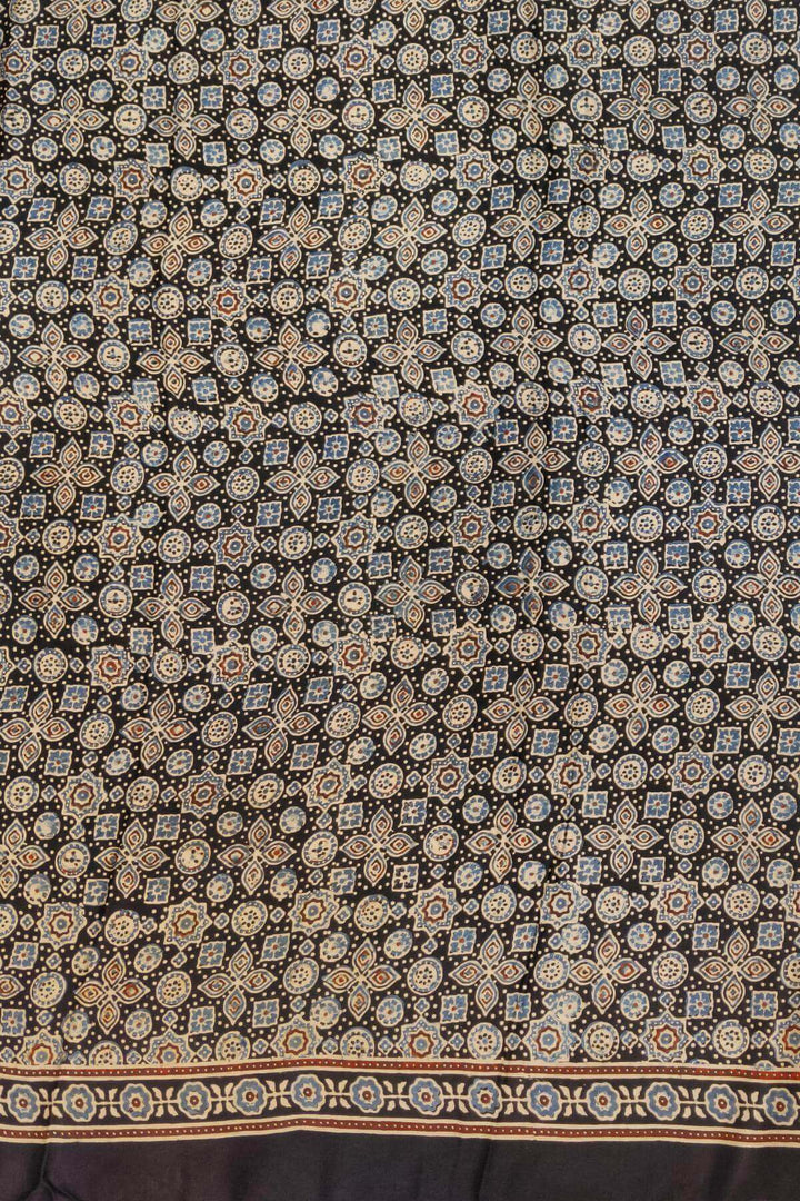 Modal silk saree in blue  in hand block ajrakh print